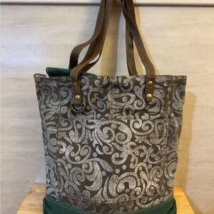 Myra Bag Gypsy Twin abstract floral print upcycled canvas leather trim tote bag.